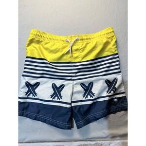 Heat Wave Boys Swim Trunks Yellow Navy Blue Striped Surfboard Board Shorts